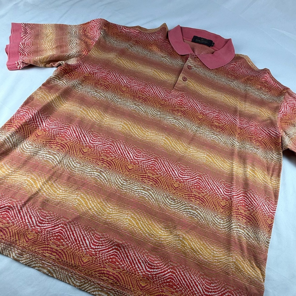 Bugatchi Men's Pink and Gold Gradient Stripe Polo
